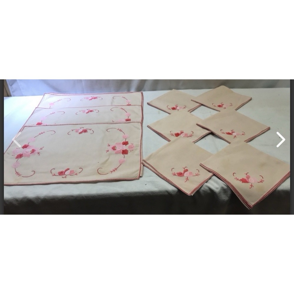 Vintage Hand Embroidered Flowers Placemats & Napkins Set Of 12 BinR